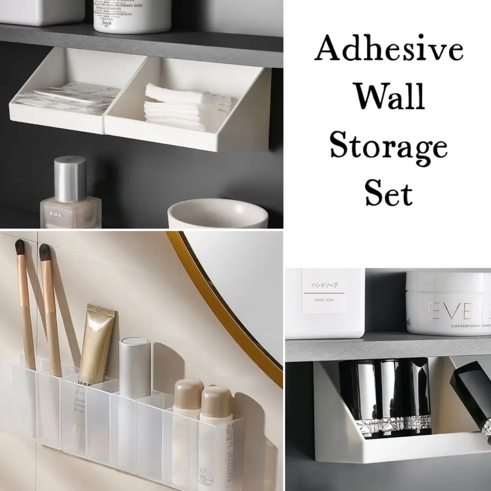 Adhesive Wall Shelf & 3 Grid Storage Box Bathroom Makeup No Drill Organizer